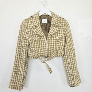 WALTER Green Cream Houndstooth Wool Blend Tweed Cropped Jacket Size 4